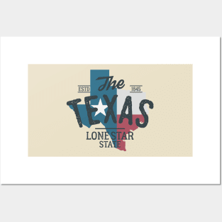 Texas State logo, emblem, label. The Lone Star State. USA Texas vintage design. Texas flag map. Posters and Art